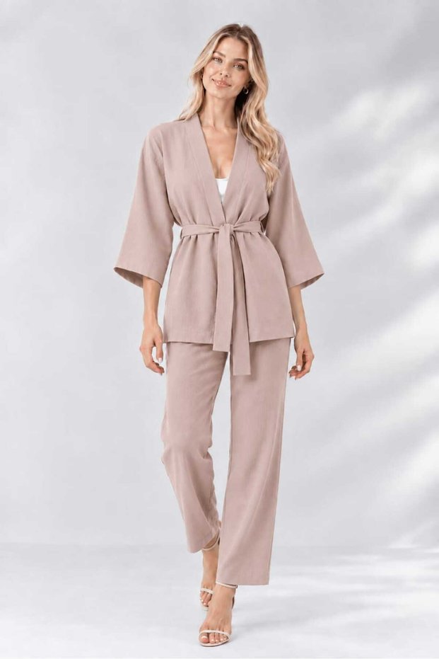 Kimono Double Set Waist-Tie Pants Elastic Waist Pockets Batwing Sleeves (3/4 Length)