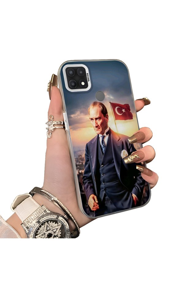Oppo A15 Compatible Silicone Edge Hard Back Case Ataturk Patterned Phone Case
