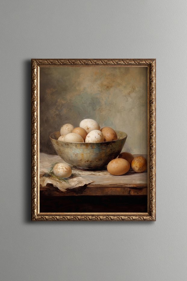 Eggs in a Rustic Bowl - Vintage Patterned Painting - Fine Model
