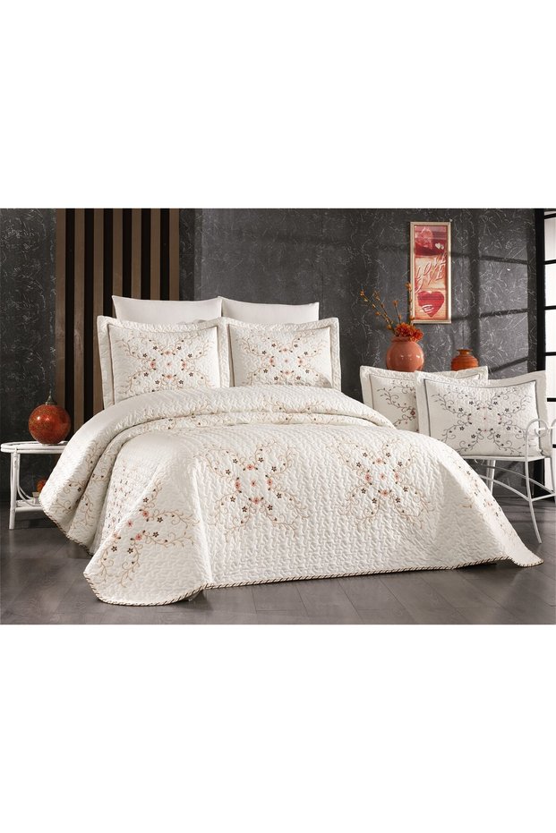 Double Embroidered Quilted Dowry Bedspread Set Cream