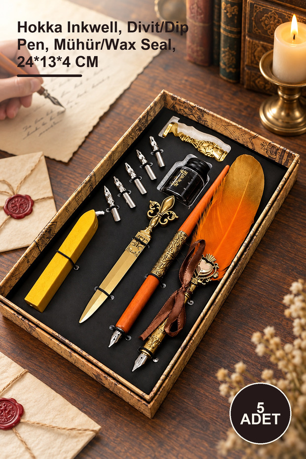 5 Pieces Vintage Inkwell and Seal Set – Inkwell, Dip Pen, Seal/Wax Seal, 24*13*4 cm