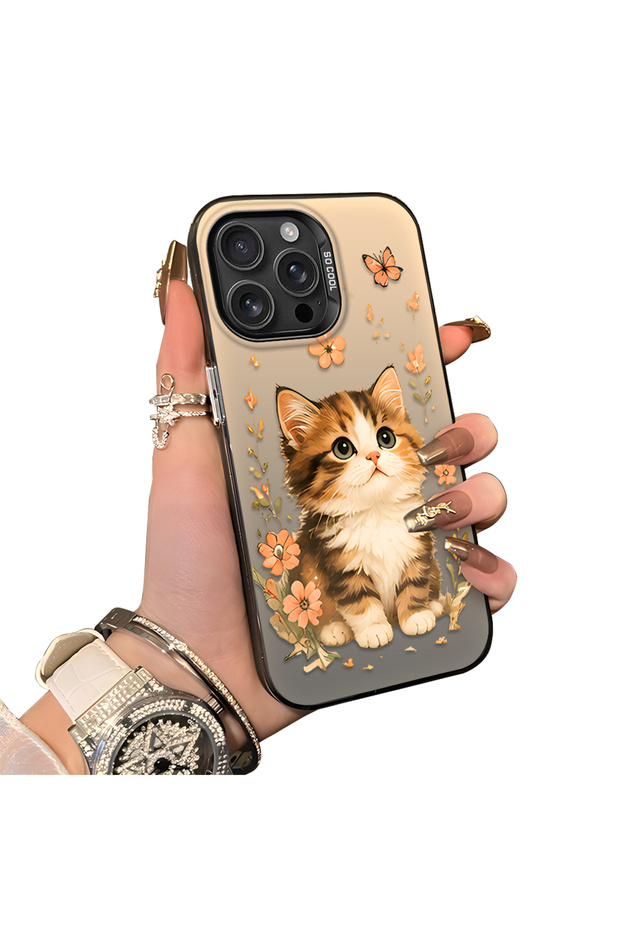 For iPhone 16 Pro Compatible Silicone Edge Hard Back Case Cat Pattern Lover Couple Phone Case