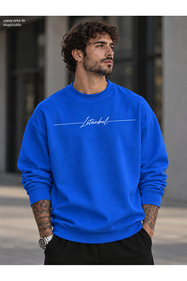 Men's Istanbul Handwritten Striped Typographic Printed Crew Neck Casual Regular Fit Sweatshirt