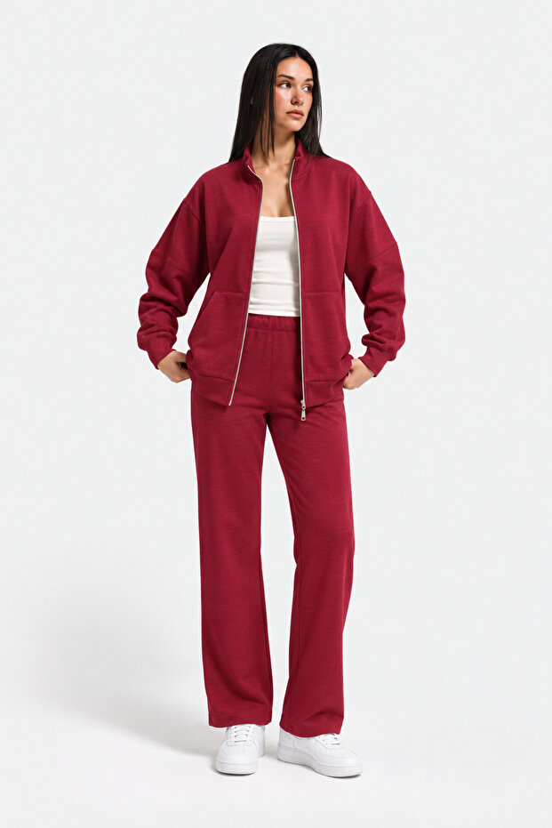2 Thread Fabric Zippered Stand Collar Kangaroo Pocket Women's Tracksuit Set