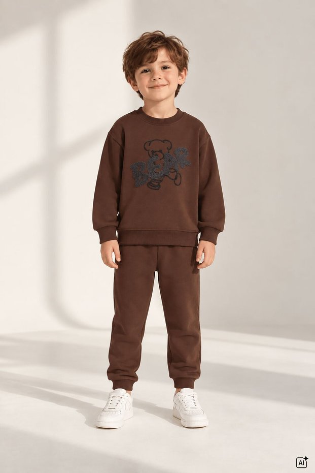 Brown Boy's Teddy Bear Embroidered Shardonlu Crew Neck Tracksuit Set 24959