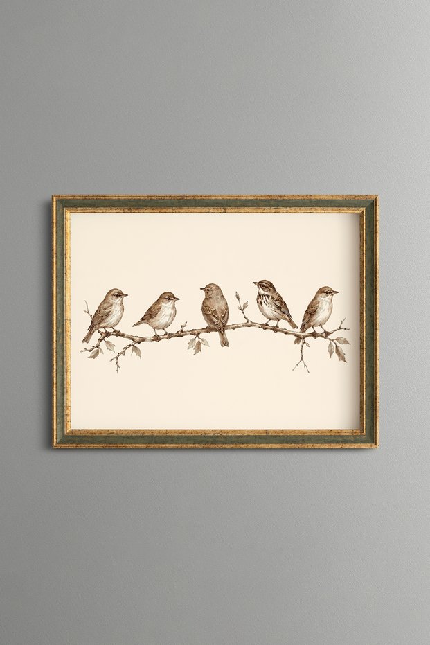 Five Sparrows on a Branch - Vintage Patterned Painting - Fine Model