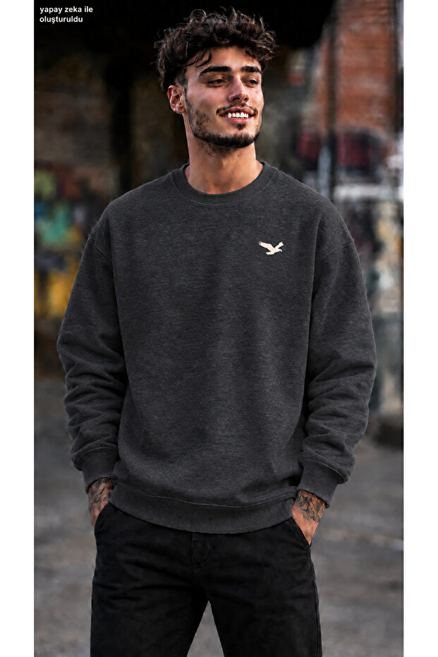 Men's Minimal Tan Eagle Figure Printed Crew Neck Casual Regular Fit Sweatshirt