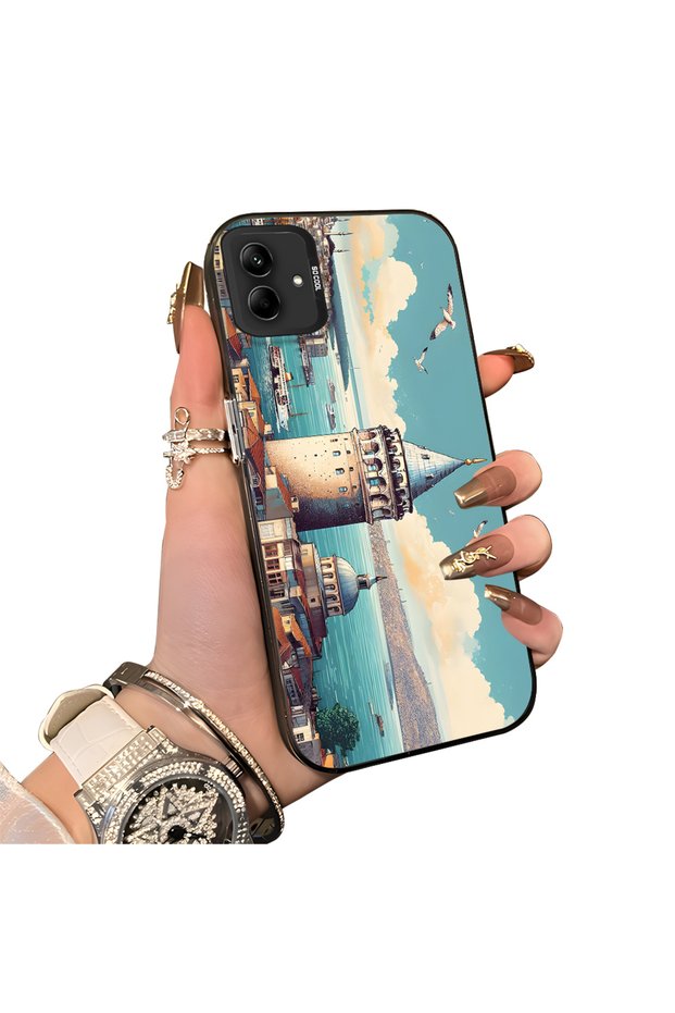 Samsung Galaxy A04E Compatible Silicone Edge Hard Back Case Galata Tower Patterned Phone Case