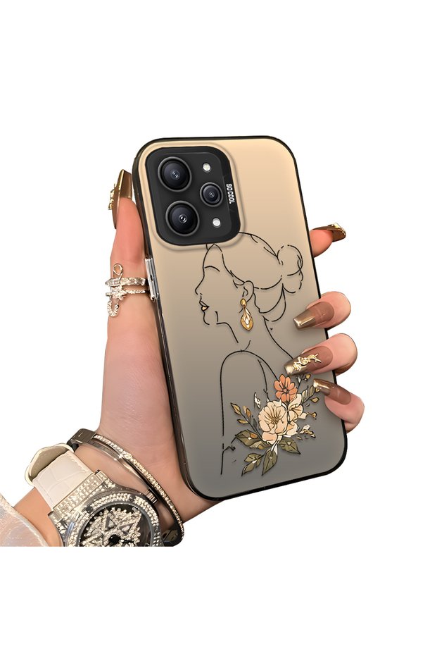 Redmi 12 Compatible Silicone Edge Hard Back Case Line Art Patterned Phone Case