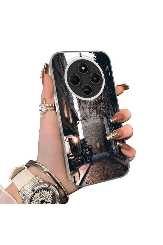 Redmi 14C Compatible Silicone Edge Hard Back Case Galata Tower Patterned Phone Case