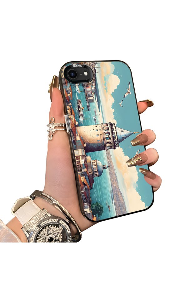 iPhone Se 2022 Compatible Silicone Edge Hard Back Case Galata Tower Patterned Phone Case
