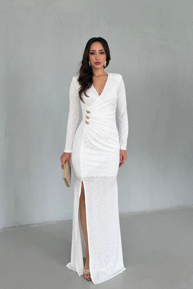 Ecru Patterned Fabric Long Dress with Buckle Detail and Slit