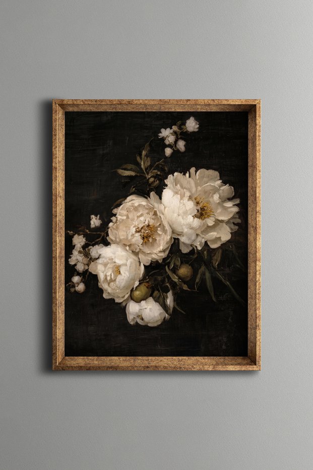 White Peonies on a Black Background - Vintage Patterned Painting - Fine Model