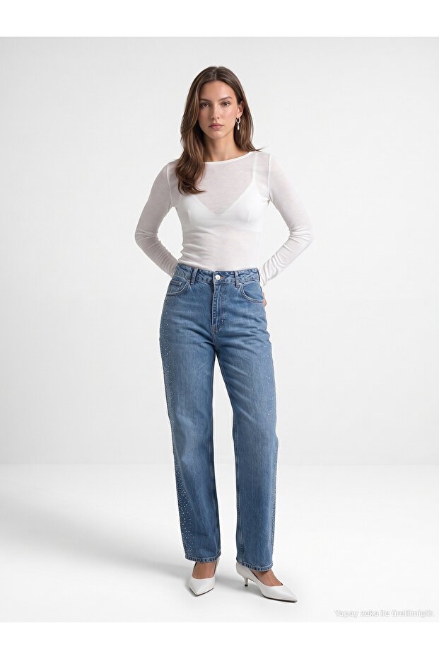 72365 Lyocell Blended Stoned Wide Leg Jeans-Blue