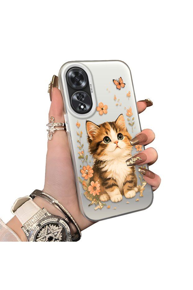 Oppo A60 Compatible Silicone Edge Hard Back Case Cat Pattern Loving Couple Phone Case
