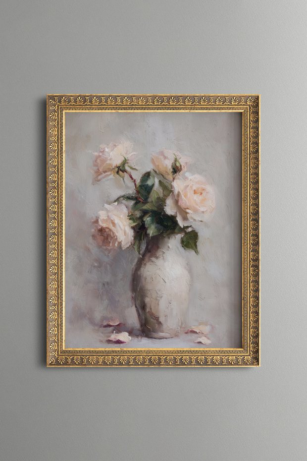 Powdered Roses in a Vase - Vintage Patterned Painting - Fine Model