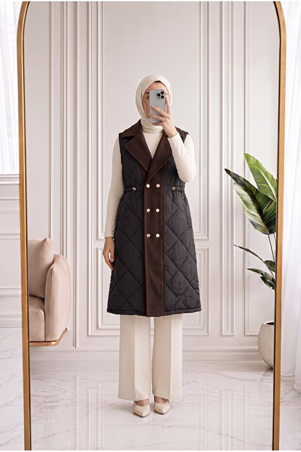 Hayrunisa Long Inflatable Vest with Squeeze Feature-En2223 Brown