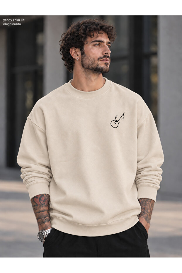 Men's Chest Emblem Guitar Note Line Graphic Printed Crew Neck Casual Regular Fit Sweatshirt