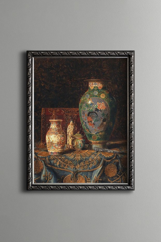 Antique Chinese Vases Still Life - Vintage Patterned Painting - Fine Model