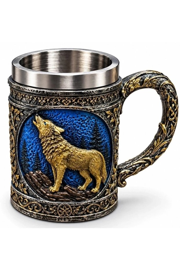 3D Stainless Steel Mug with Howling Wolf Figure Alk6264