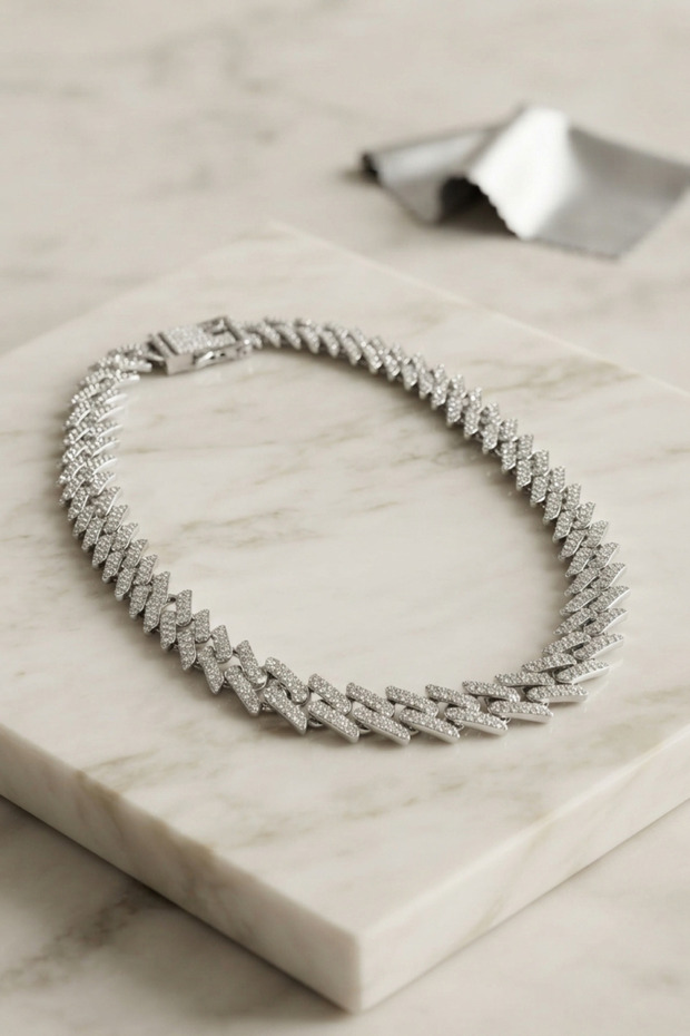 Silver Color Zircon Stone Cuba Chain Model Men's Necklace Tj-Erk1418