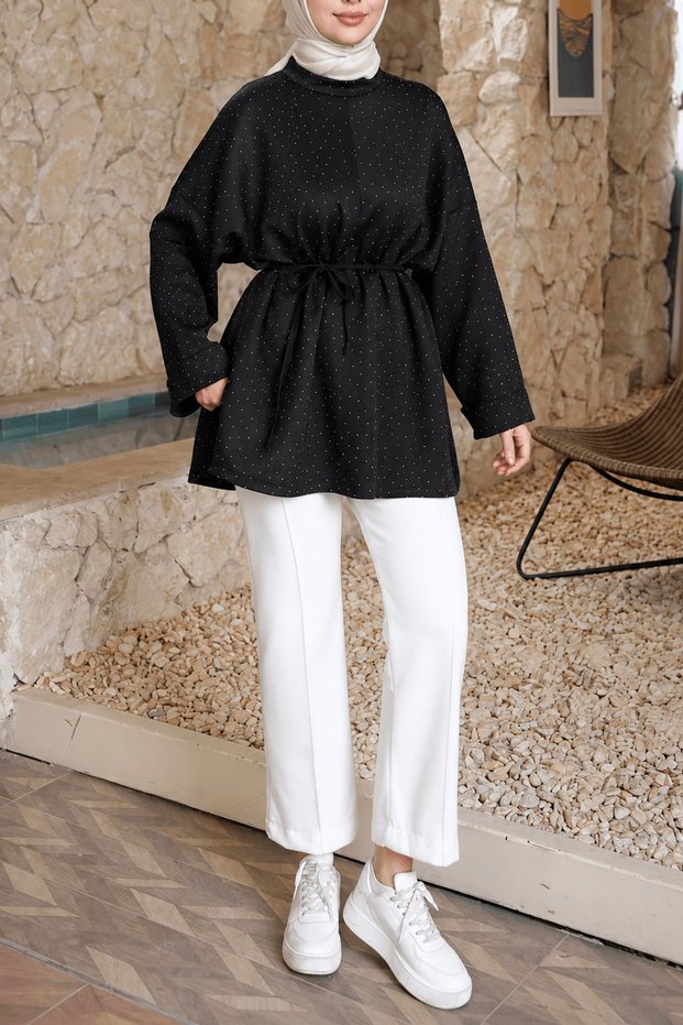 Stone Detailed Slit Oversized Tunic - Black