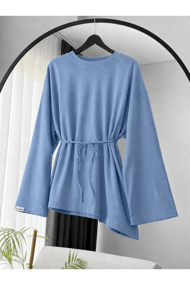 Asymmetrical Tunic with Embroidered Sleeves - Blue