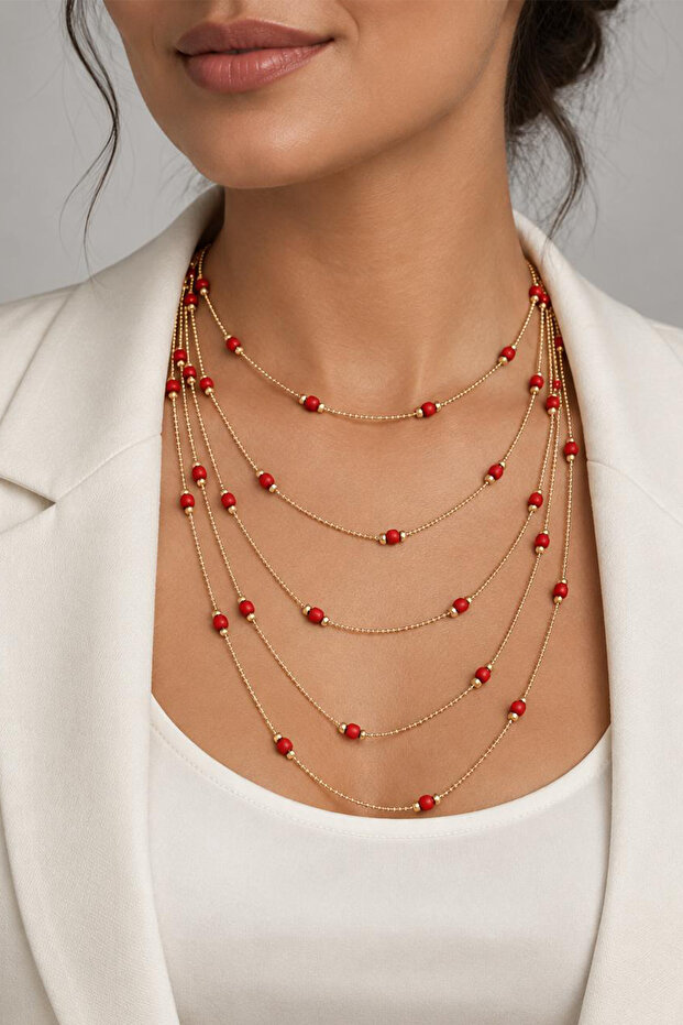Gold Color Beaded Layered Multi Chain Necklace (35Cm-50Cm)