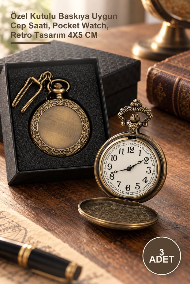 3 Pieces of Antique Chain Watches – Pocket Watch Suitable for Printing with Special Box, Pocket Watch, Retro Design 4X5 cm
