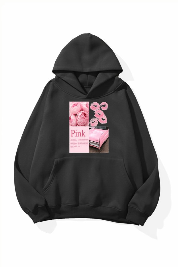Unisex Soft Textured Pink Car Poster Printed Design Oversize 3 Thread Hoodie Sweatshirt