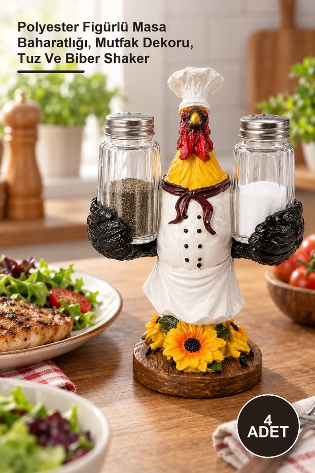 4-Piece Salt and Pepper Shaker Set with Chef Rooster Figures – Tabletop Spice Shaker with Polyester Figures, Kitchen Decor, Salt and Pepper Shakers