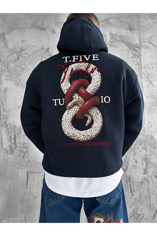 Navy Blue Hooded Oversize Premium Snake Print Sweatshirt