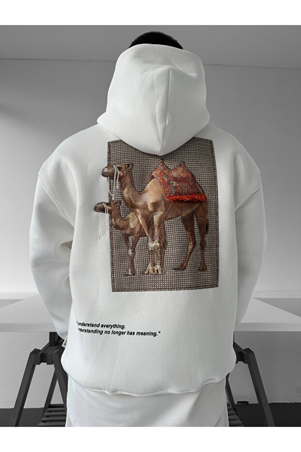 White Hooded Oversize Premium Camel Embroidered Sweatshirt