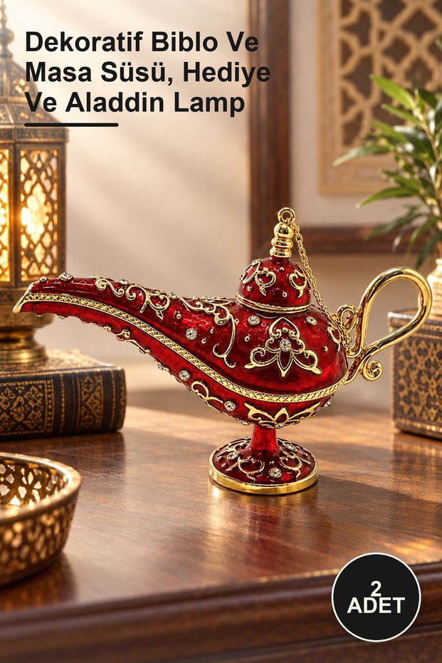 2 Stoned Alaatin Magic Lamps – Decorative Trinket and Table Ornament, Gift and Aladdin Lamp
