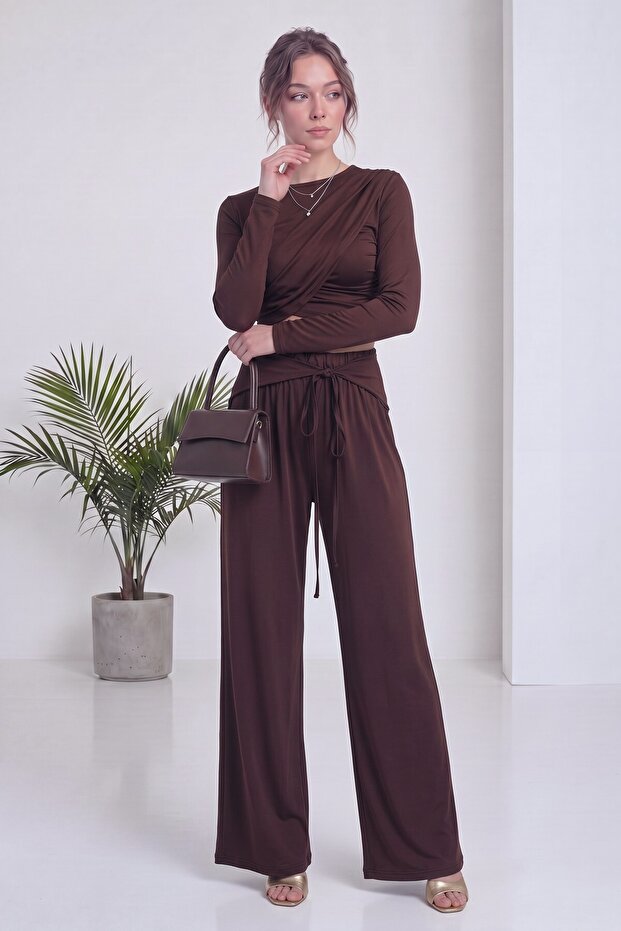 Women's Draped Crop Blouse and Tie Detail Wide Leg Pants Set Brown, Black