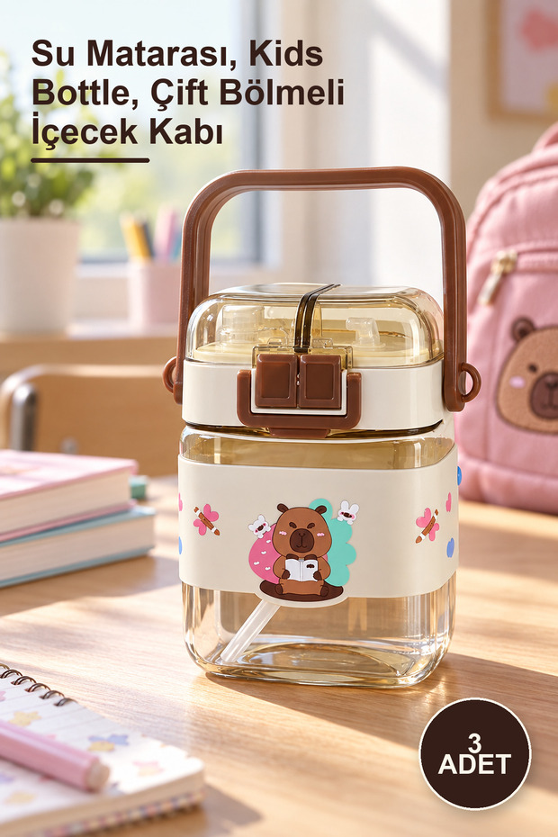 3 Pieces of Capybara Patterned Double Compartment Children's Water Bottle with Straw – Water Bottle, Kids Bottle, Double Compartment Beverage Container