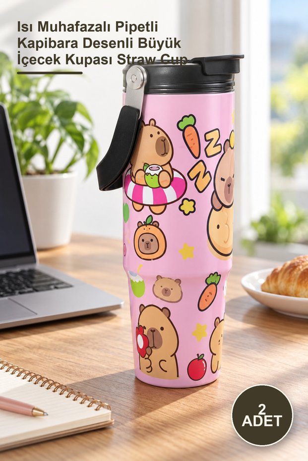2 Giant Steel Tumblers – Heat-Retaining Capybara Patterned Large Drink Cup with Straw Cup