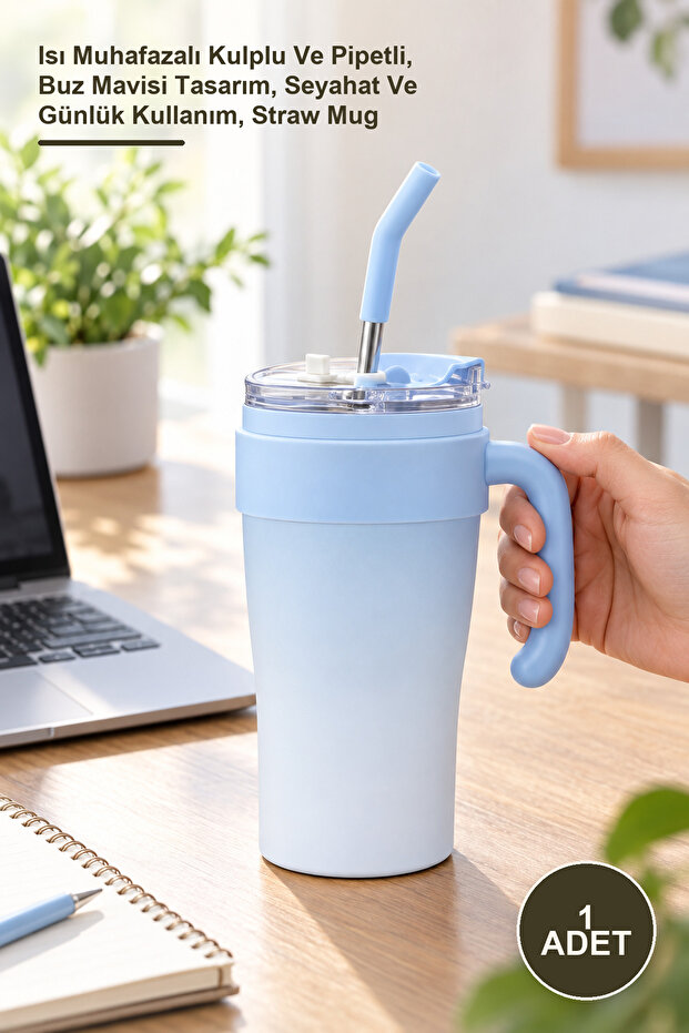 1 Piece Steel Thermos Mug – Heat Retaining with Handle and Straw, Ice Blue Design, Travel and Daily Use, Straw Mug