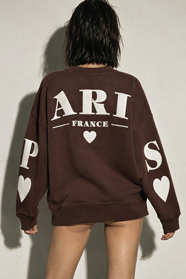 Women's Oversize Sweatshirt Paris 3D Printed Brown – Crew Neck, Printed on Sleeves and Back, 3 Yarns