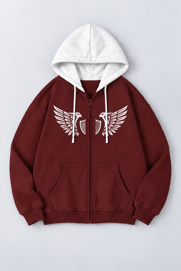 Unisex Wings Printed Burgundy White Segmented Color Hooded Zippered Cardigan