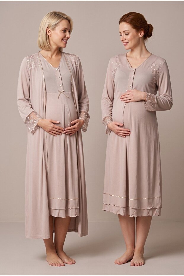 Women's Beige Long Sleeve Lace Maternity Nightgown Set with Easy Nursing Features and Robe