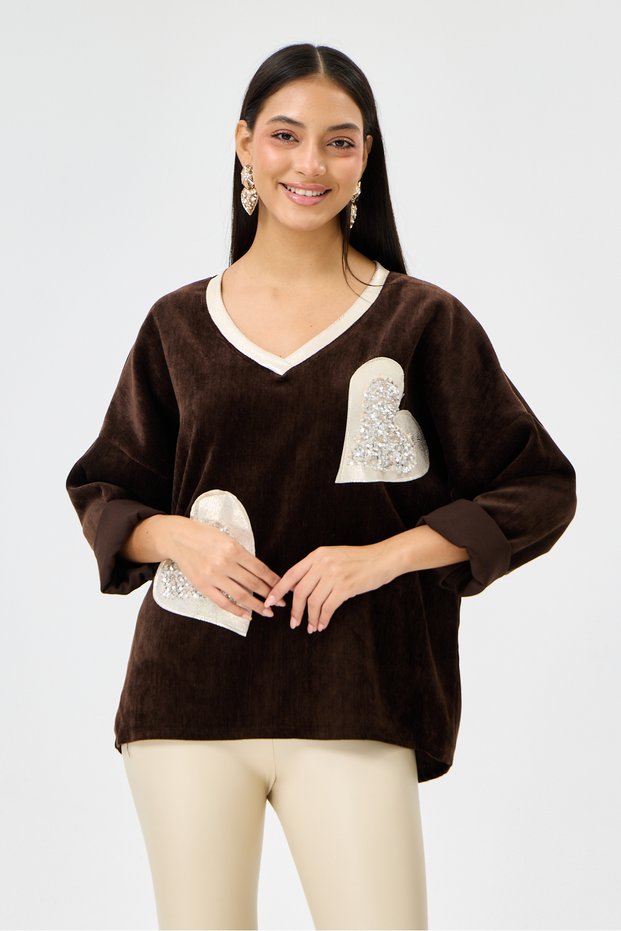 Brown Italian Heart Patterned Sequined Low Long Sleeve Oversize Velvet Blouse 40 - 46 Size