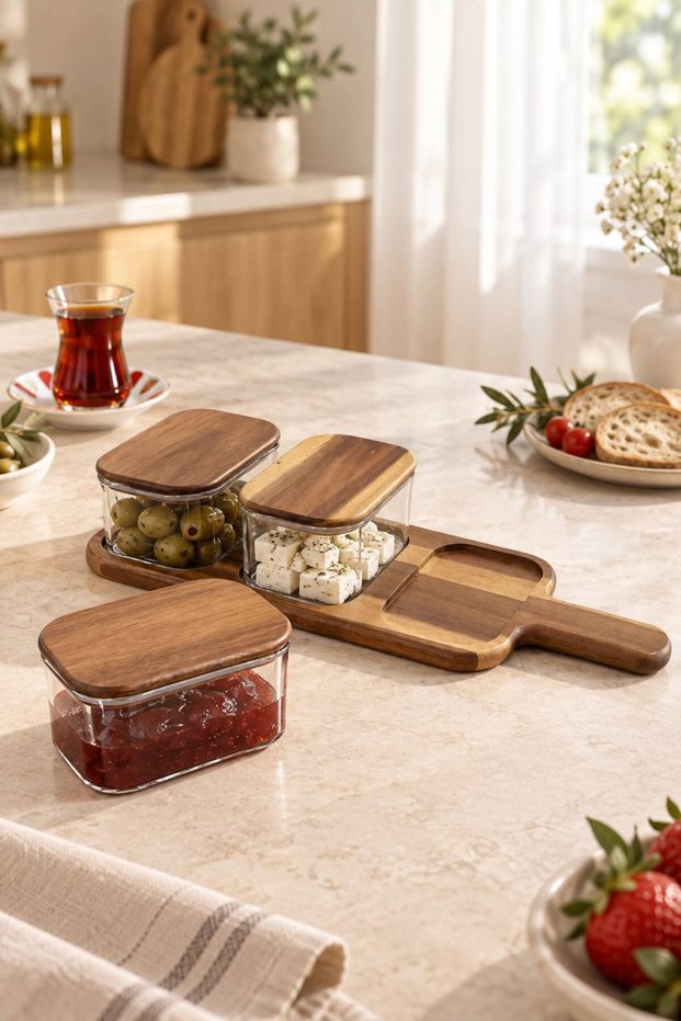 Marbella 3-Piece Glass Breakfast Set with Acacia Lid, Wooden Stand, Olive Bowl, Cheese Bowl, Presentation Container