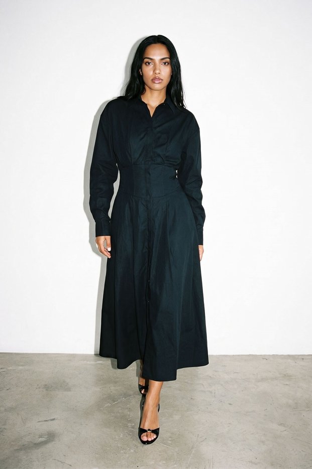 Black 100% Cotton Waist-Slit Collared Pocketed Long Sleeve Dress
