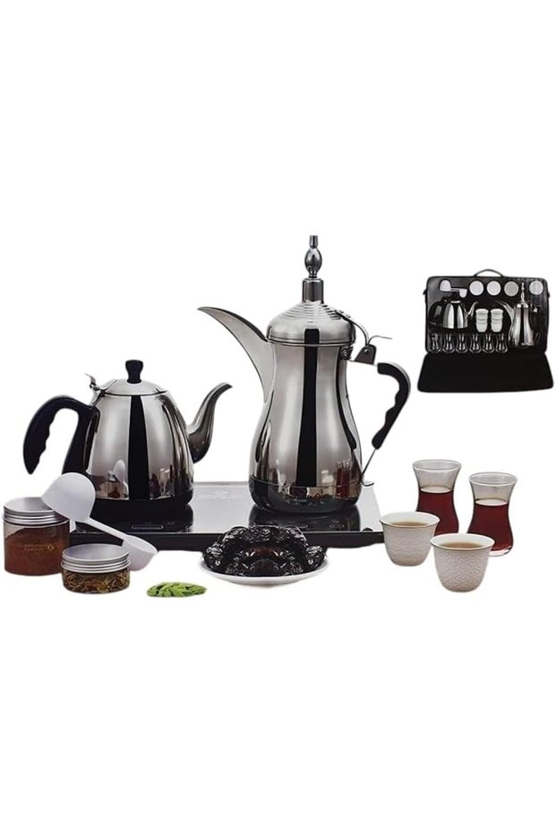 Traditional Arabic Coffee And Tea Set, Stainless Steel Electric Kettle With Glass Serving Set, Portable Case, Black – Model GA-C94847