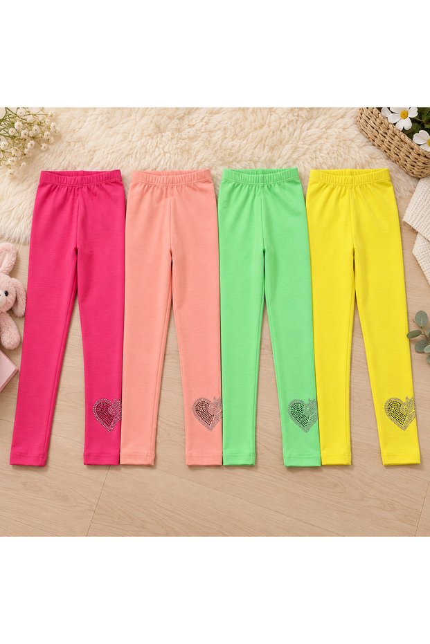 Girl's Stoned Heart Detailed Colorful Tights 4-Piece Set