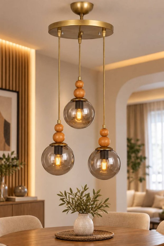 Vi̇ona 3-Piece Pendant Chandelier | | Antique Body | | Smoked Glop Glass | | Natural Wood Detailled Chandelier Modern Chandelier E-27 Retro Bohemian Living Room Chandelier Hall Kitchen Chandelier Decorative Lighting Chandelier Models with Glass