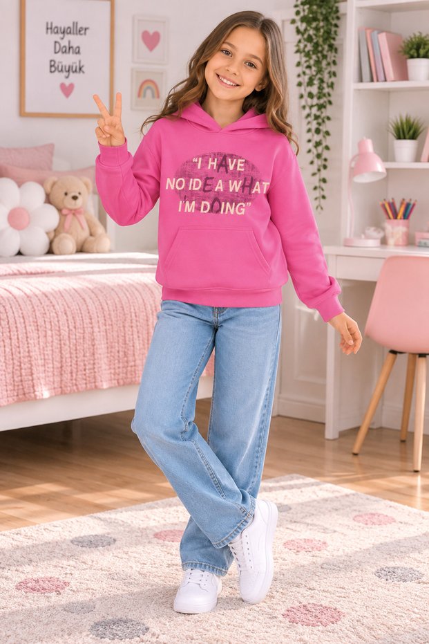 Ss Gi̇yi̇m Girls' Fuchsia Hooded Printed Sweatshirt – Long Sleeve Casual Children's Clothing with Kangaroo Pocket