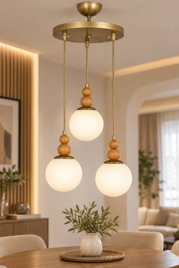 Vi̇ona 3-Piece Pendant Chandelier | | Antique Body | | White Glop Glass | | Natural Wood Detailled Chandelier Modern Chandelier E-27 Retro Bohemian Living Room Chandelier Hall Kitchen Chandelier Decorative Lighting Chandelier Models with Glass