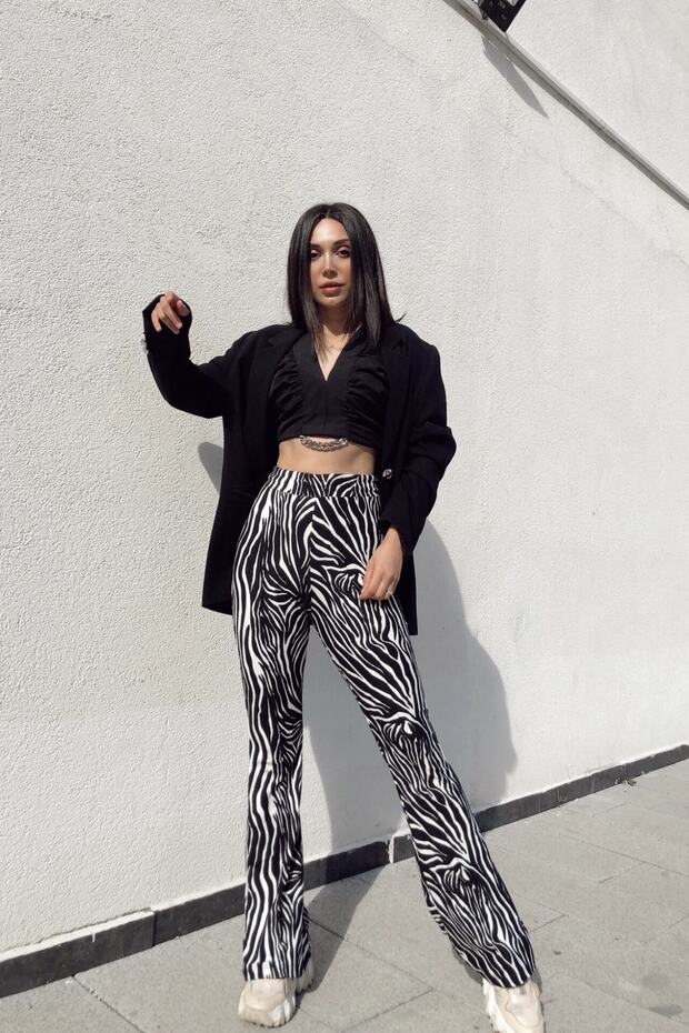 Kadın Zebra Desen Yüksek Bel Süet Ispanyol Paça Pantolon - 1